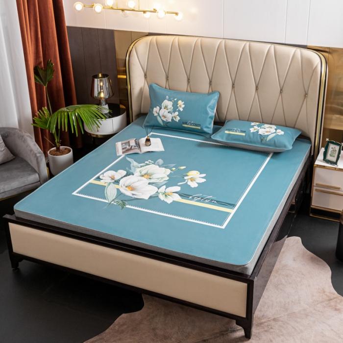 91家纺网 家纺一手货源 找家纺 彩绘头层牛皮凉席三件套 如花美眷-深绿