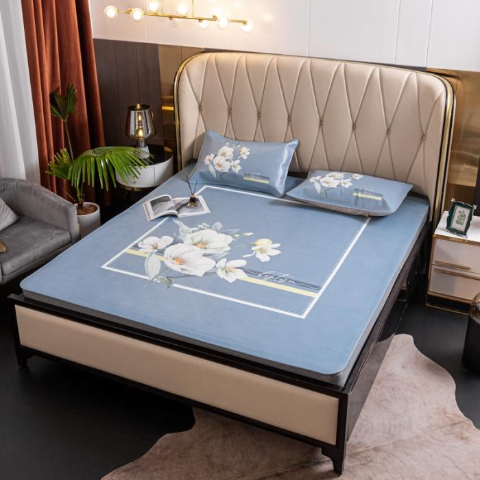 91家纺网 家纺一手货源 找家纺 彩绘头层牛皮凉席三件套 如花美眷-浅蓝