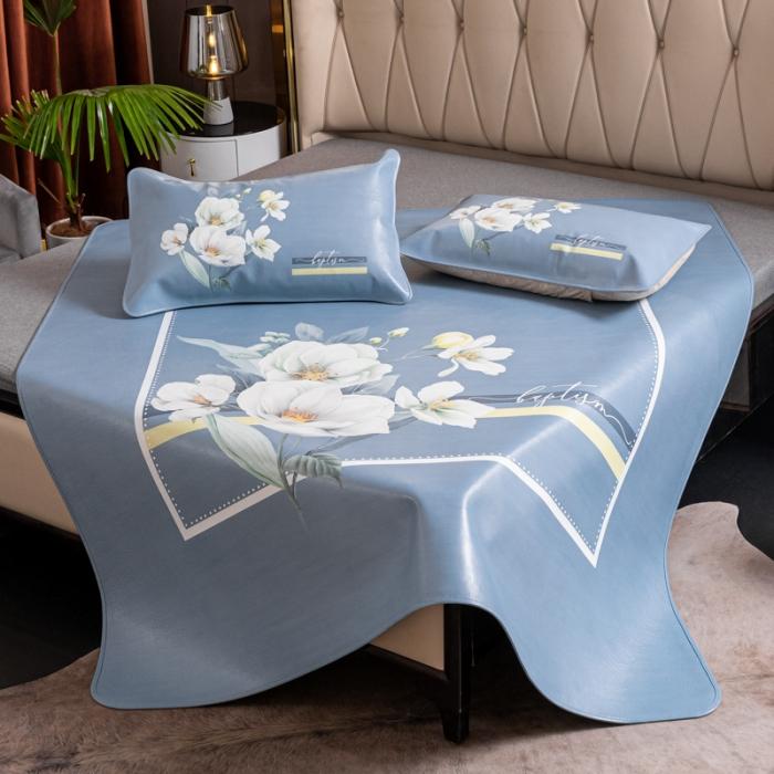 91家纺网 家纺一手货源 找家纺 彩绘头层牛皮凉席三件套 如花美眷-浅蓝