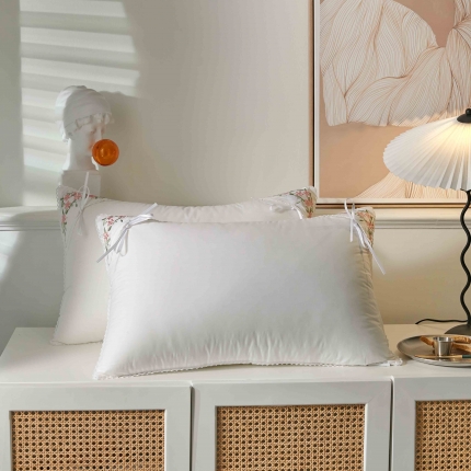 91家纺网 家纺一手货源 找家纺 赛格时代家居枕芯   全棉角绣茉莉花羽丝绒枕 枕头