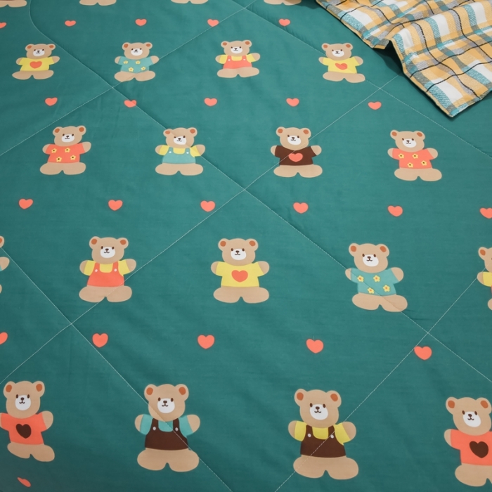 91家纺网 家纺一手货源 找家纺 仟网汇 2021新款全棉夏被四件套 摩登小熊-绿