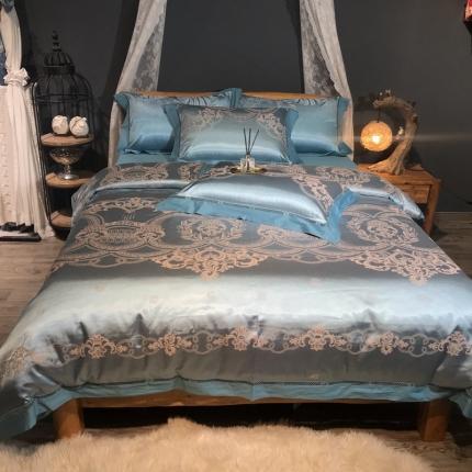 91家纺网 家纺一手货源 找家纺 玖玖爱 2021新款天丝棉提花镂空四件套 波斯奢华宝石蓝