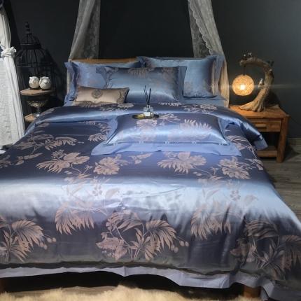 91家纺网 家纺一手货源 找家纺 玖玖爱 2021新款天丝棉提花镂空四件套 花枝雅韵星光蓝