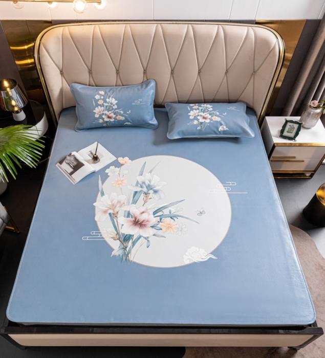 91家纺网 家纺一手货源 找家纺 彩绘头层水牛皮凉席 -蝶梦南吟-浅蓝