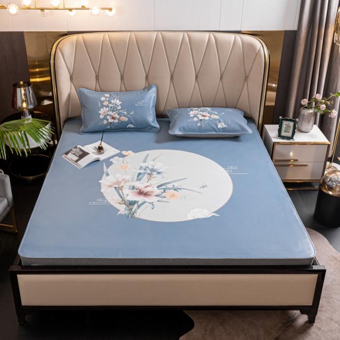 91家纺网 家纺一手货源 找家纺 彩绘头层水牛皮凉席 -蝶梦南吟-浅蓝