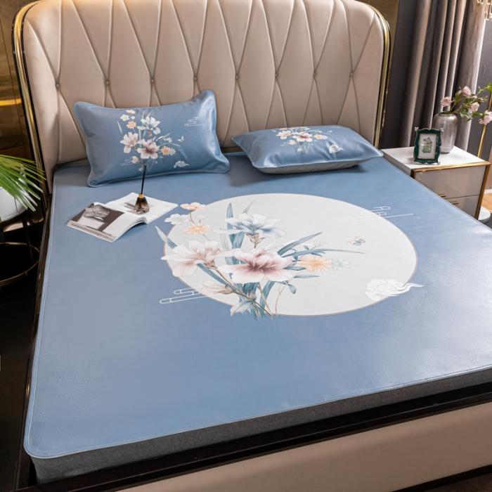 91家纺网 家纺一手货源 找家纺 彩绘头层水牛皮凉席 -蝶梦南吟-浅蓝