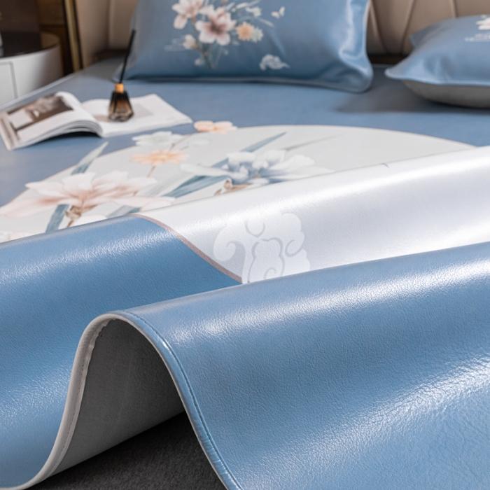 91家纺网 家纺一手货源 找家纺 彩绘头层水牛皮凉席 -蝶梦南吟-浅蓝