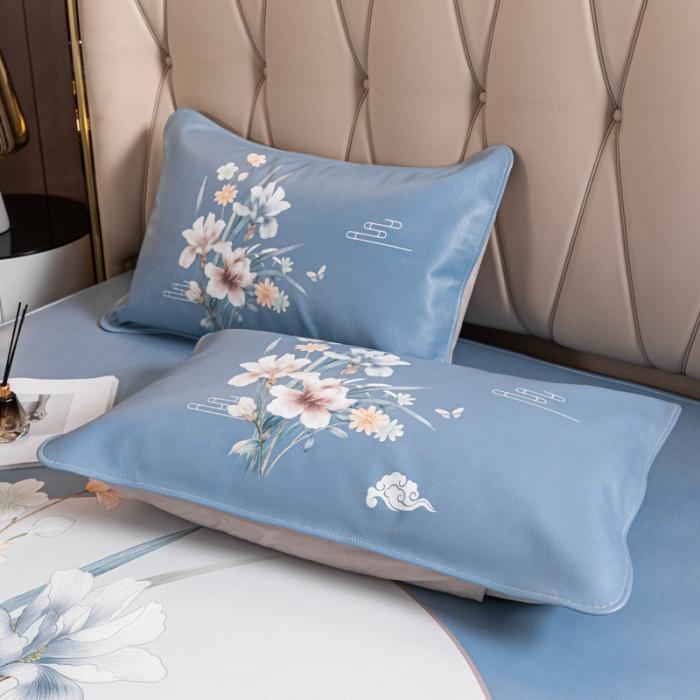 91家纺网 家纺一手货源 找家纺 彩绘头层水牛皮凉席 -蝶梦南吟-浅蓝