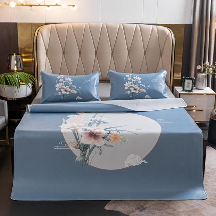 91家纺网 家纺一手货源 找家纺 彩绘头层水牛皮凉席 -蝶梦南吟-浅蓝