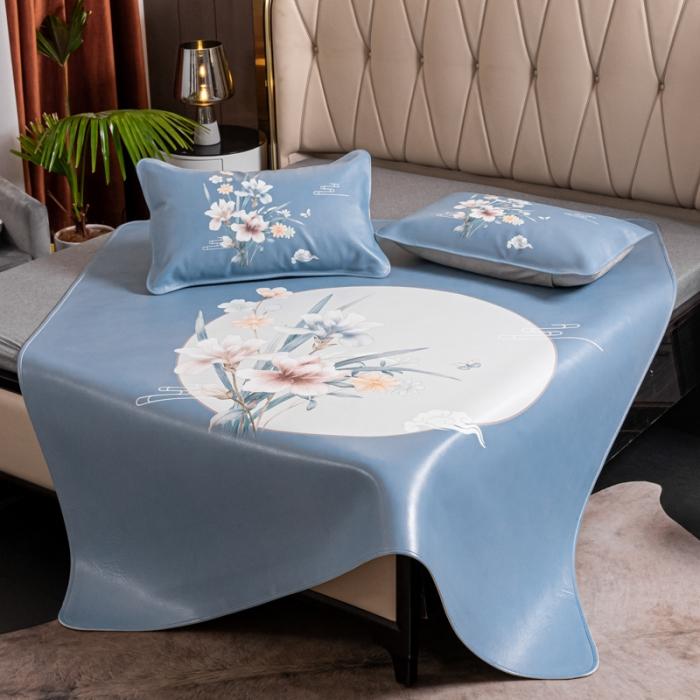 91家纺网 家纺一手货源 找家纺 彩绘头层水牛皮凉席 -蝶梦南吟-浅蓝