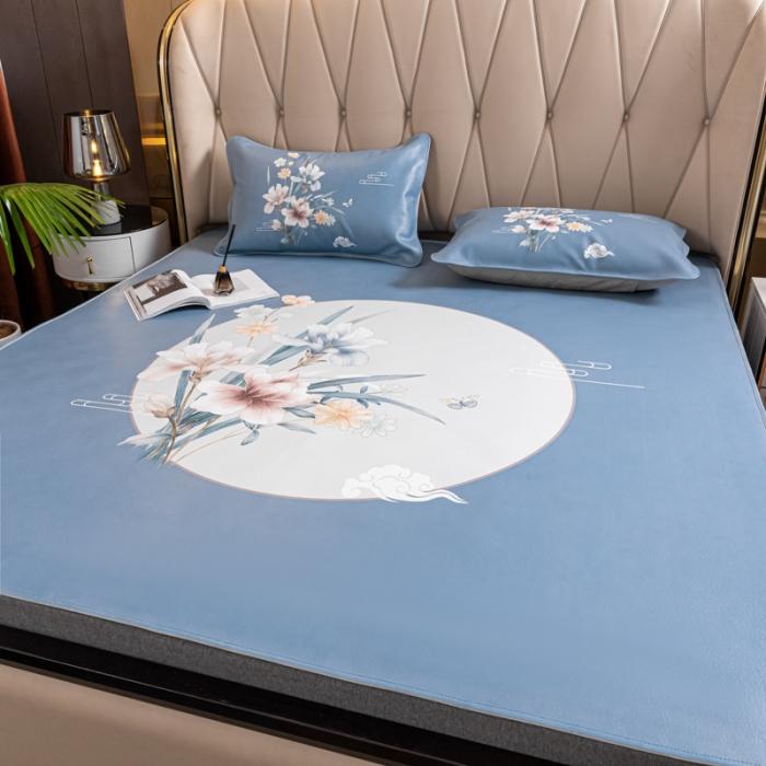 91家纺网 家纺一手货源 找家纺 彩绘头层水牛皮凉席 -蝶梦南吟-浅蓝