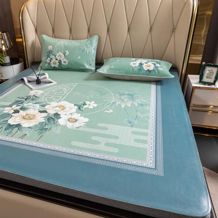 91家纺网 家纺一手货源 找家纺 彩绘头层水牛席 -月夕花潮-浅绿