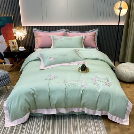 91家纺网 家纺一手货源 找家纺 2021新款100支天丝棉刺绣四件套蓝调之夜 抹茶绿