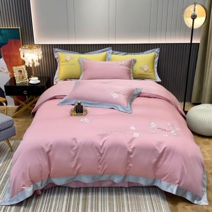 91家纺网 家纺一手货源 找家纺 2021新款100支天丝棉刺绣四件套蓝调之夜 樱花粉