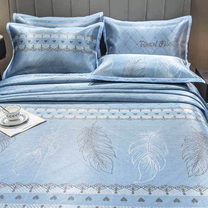 91家纺网 家纺一手货源 找家纺 全季家居 2021新款1200D碳光席床单款冰丝凉席羽毛天蓝