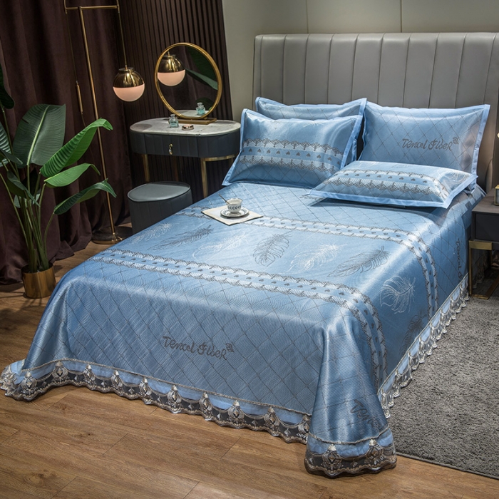 91家纺网 家纺一手货源 找家纺 全季家居 2021新款1200D碳光席床单款冰丝凉席羽毛天蓝