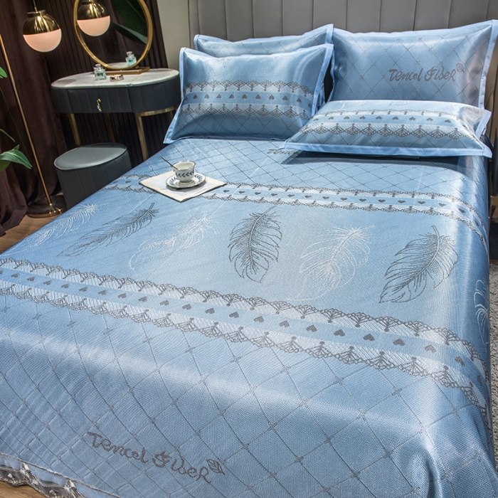 91家纺网 家纺一手货源 找家纺 全季家居 2021新款1200D碳光席床单款冰丝凉席羽毛天蓝