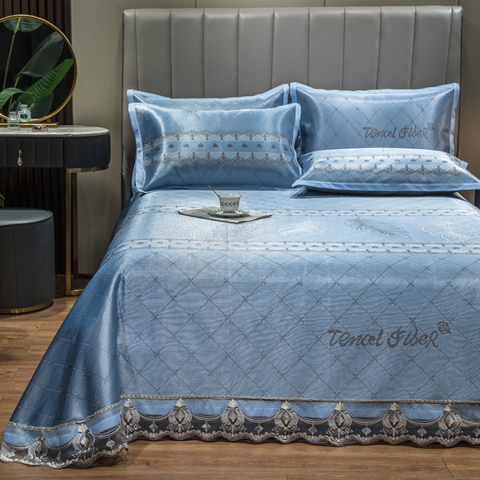 91家纺网 家纺一手货源 找家纺 全季家居 2021新款1200D碳光席床单款冰丝凉席羽毛天蓝