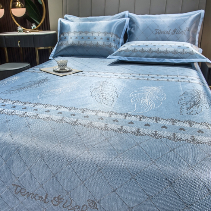 91家纺网 家纺一手货源 找家纺 全季家居 2021新款1200D碳光席床单款冰丝凉席羽毛天蓝