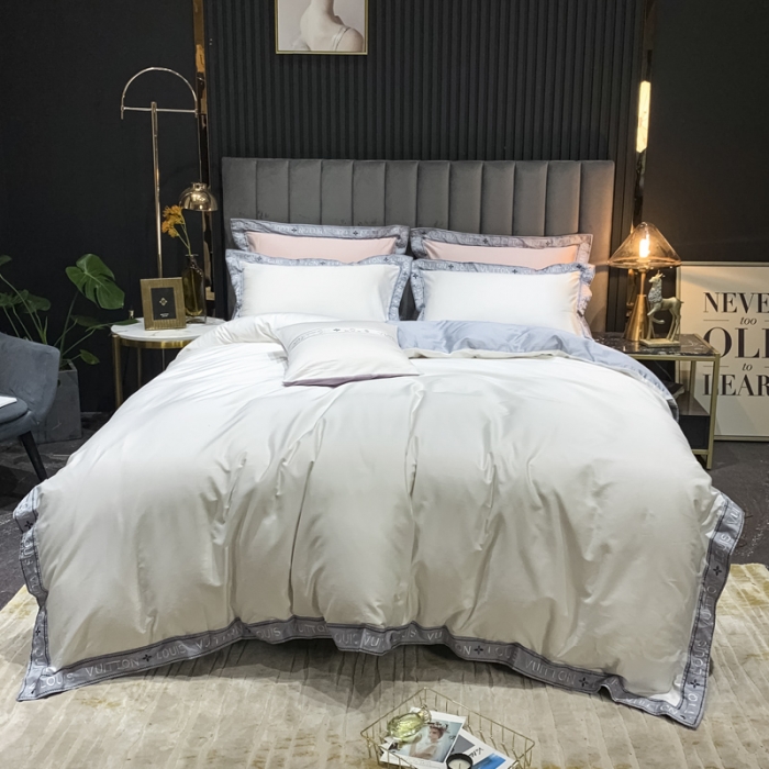91家纺网 家纺一手货源 找家纺 青竹苑2021新款轻奢风60S长绒棉四件套贵族白加灰