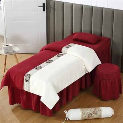 乐逸家纺 2023新品棉麻中式美容床罩 米白+酒红