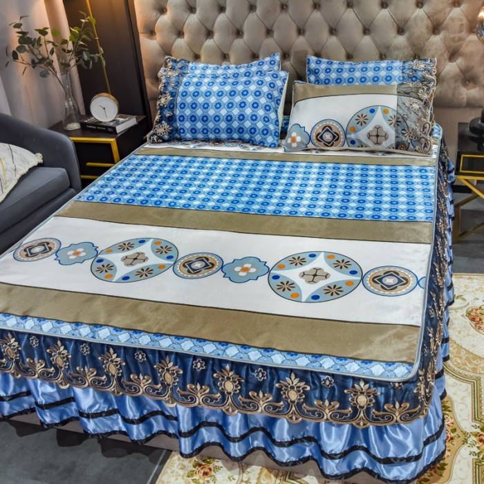 91家纺网 家纺一手货源 找家纺 ds生活馆 2021新款欧式床裙款冰丝席凉席 清风和韵