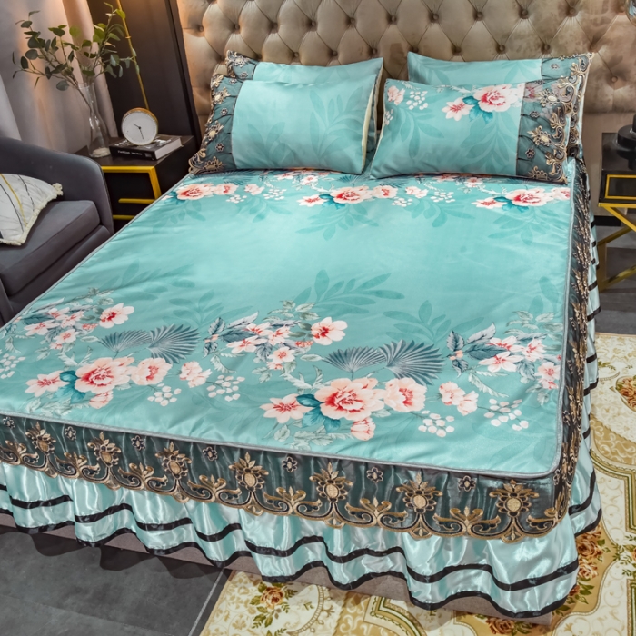 91家纺网 家纺一手货源 找家纺 ds生活馆 2021新款欧式床裙款冰丝席凉席 盛世花开