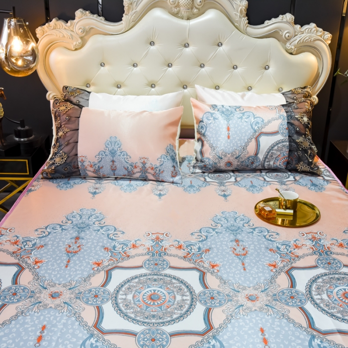 91家纺网 家纺一手货源 找家纺 ds生活馆 2021新款欧式床裙款冰丝席凉席 维纳斯粉