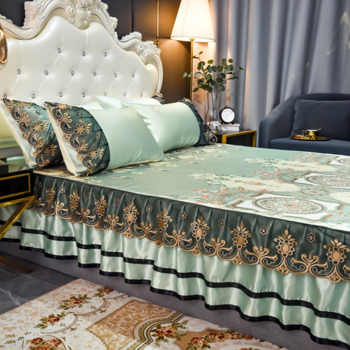 91家纺网 家纺一手货源 找家纺 ds生活馆 2021新款欧式床裙款冰丝席凉席 维纳斯绿