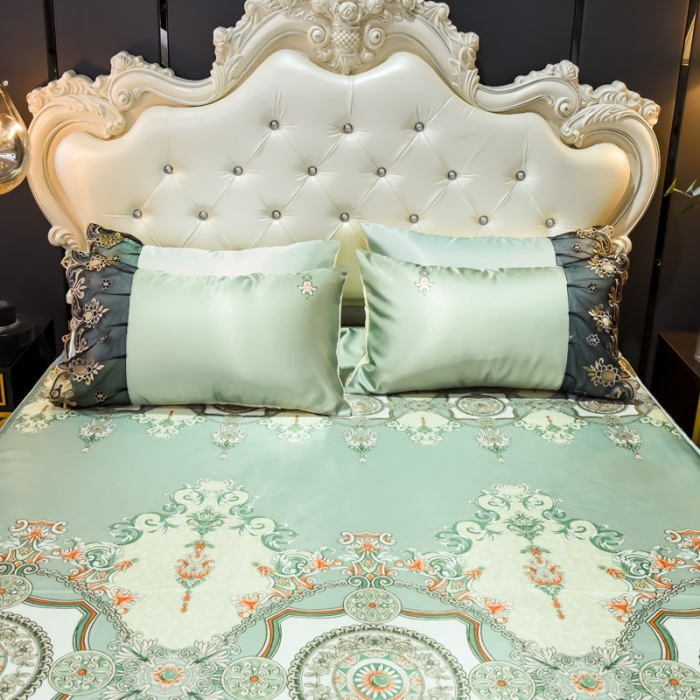 91家纺网 家纺一手货源 找家纺 ds生活馆 2021新款欧式床裙款冰丝席凉席 维纳斯绿