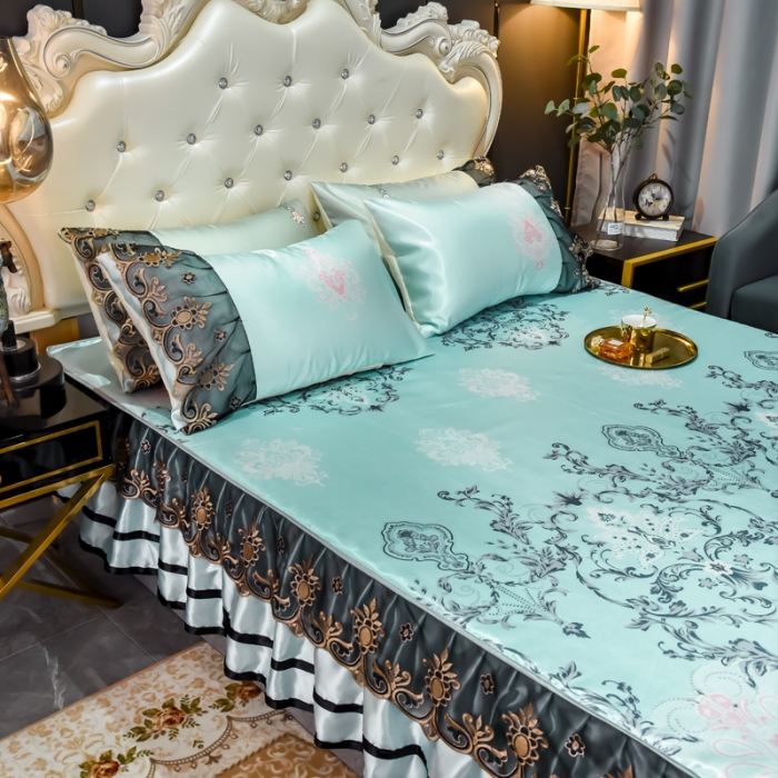 91家纺网 家纺一手货源 找家纺 ds生活馆 2021新款欧式床裙款冰丝席凉席 悉尼蓝