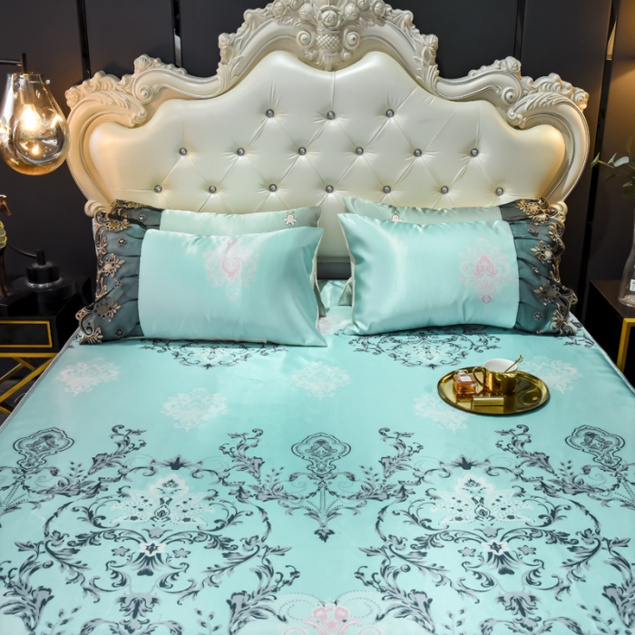 91家纺网 家纺一手货源 找家纺 ds生活馆 2021新款欧式床裙款冰丝席凉席 悉尼蓝