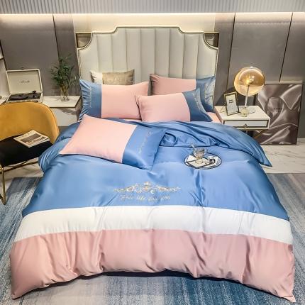 91家纺网 家纺一手货源 找家纺 莎臣豹 2025新款圣尼奥拼接刺绣水洗天丝四件套圣尼奥-粉蓝