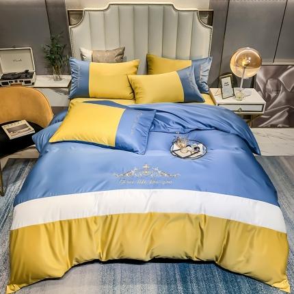 91家纺网 家纺一手货源 找家纺 莎臣豹 2025新款圣尼奥拼接刺绣水洗天丝四件套圣尼奥-暮蓝