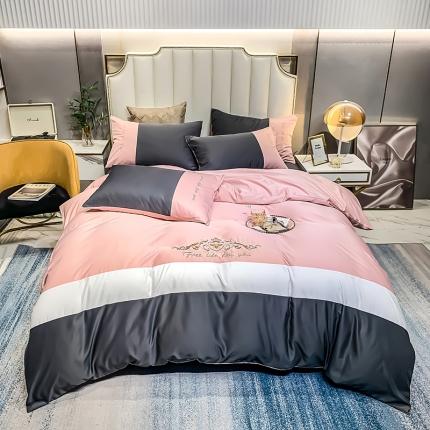 91家纺网 家纺一手货源 找家纺 莎臣豹 2025新款圣尼奥拼接刺绣水洗天丝四件套圣尼奥-胭粉