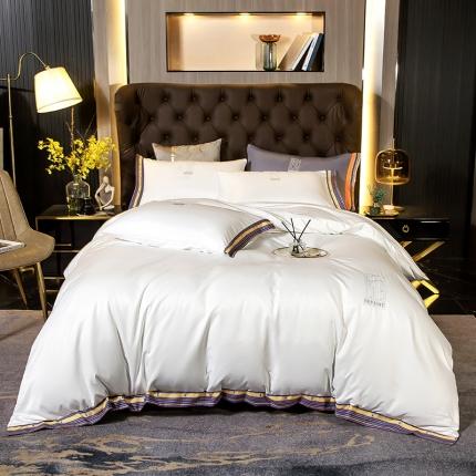 91家纺网 家纺一手货源 找家纺 莎臣豹 2025新款丝芙妮水洗天丝刺绣四件套 羽白