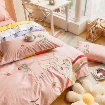 91家纺网 家纺一手货源 找家纺 眠屿家纺 2021新款水洗棉绣花四件套 萌小兔-美人玉