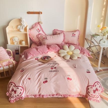 91家纺网 家纺一手货源 找家纺 眠屿家纺 2021新款水洗棉绣花四件套 小小爱-粉