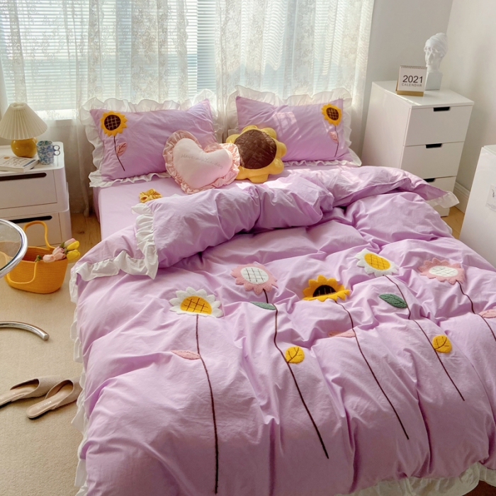 91家纺网 家纺一手货源 找家纺 （总）淑女公社 2021新款全棉毛巾绣向日葵系列四件套