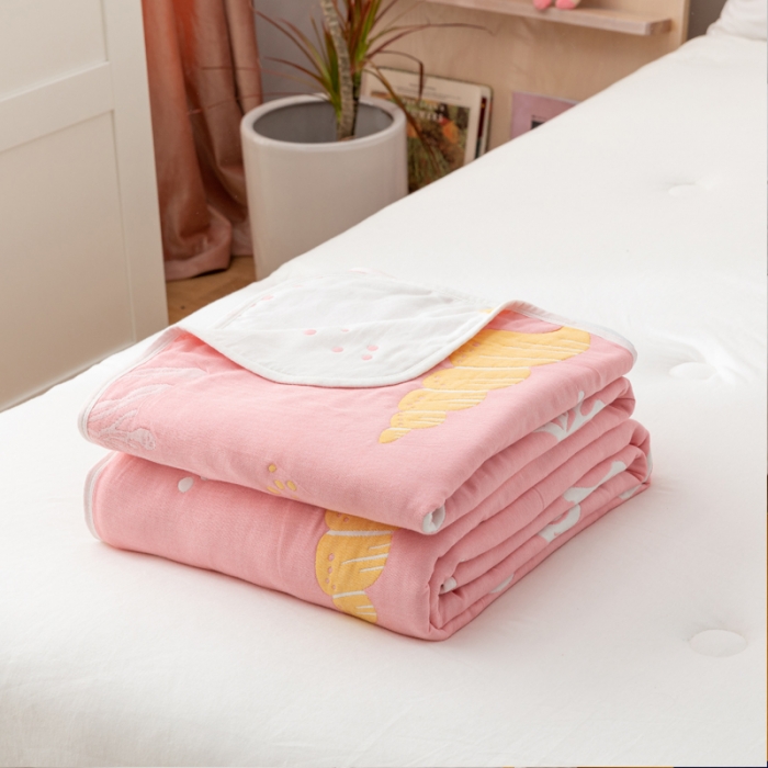 91家纺网 家纺一手货源 找家纺 朴尔家纺 2021新款卡漫风格全棉六层纱毛巾被 海底世界-粉