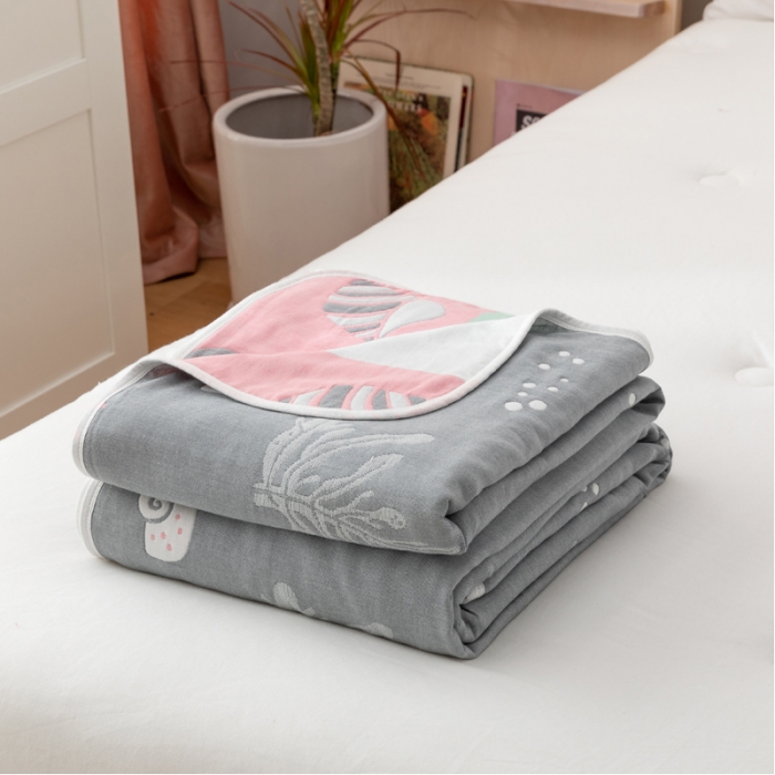 91家纺网 家纺一手货源 找家纺 朴尔家纺 2021新款卡漫风格全棉六层纱毛巾被 海底世界-灰