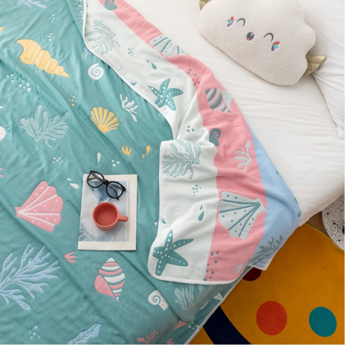 91家纺网 家纺一手货源 找家纺 朴尔家纺 2021新款卡漫风格全棉六层纱毛巾被 海底世界-绿