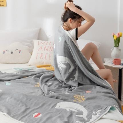 91家纺网 家纺一手货源 找家纺 朴尔家纺 2021新款卡漫风格全棉六层纱毛巾被 海洋乐园-灰