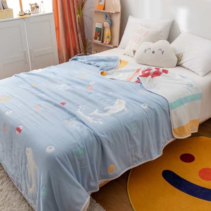 91家纺网 家纺一手货源 找家纺 朴尔家纺 2021新款卡漫风格全棉六层纱毛巾被 海洋乐园-兰