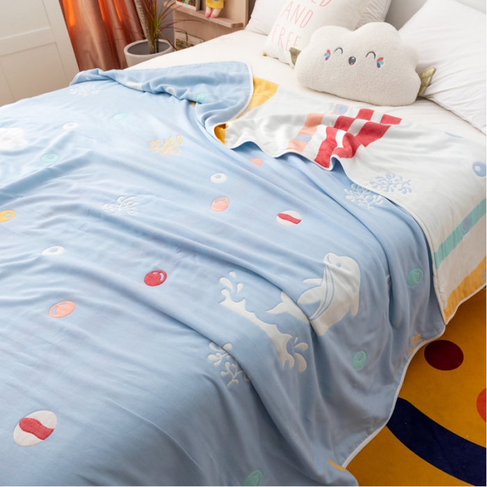 91家纺网 家纺一手货源 找家纺 朴尔家纺 2021新款卡漫风格全棉六层纱毛巾被 海洋乐园-兰
