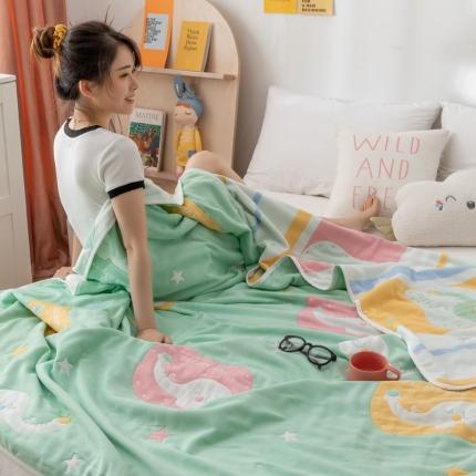 91家纺网 家纺一手货源 找家纺 朴尔家纺 2021新款卡漫风格全棉六层纱毛巾被 长鼻象-绿