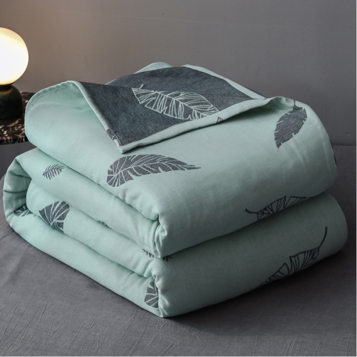 91家纺网 家纺一手货源 找家纺 朴尔家纺 新款主推特惠三层全棉纱布毛巾被 南极树叶-墨绿