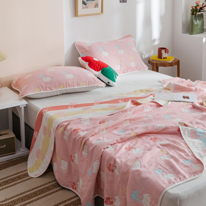 91家纺网 家纺一手货源 找家纺 朴尔家纺 2021新款六层全棉纱布毛巾被 杯中叶语-粉