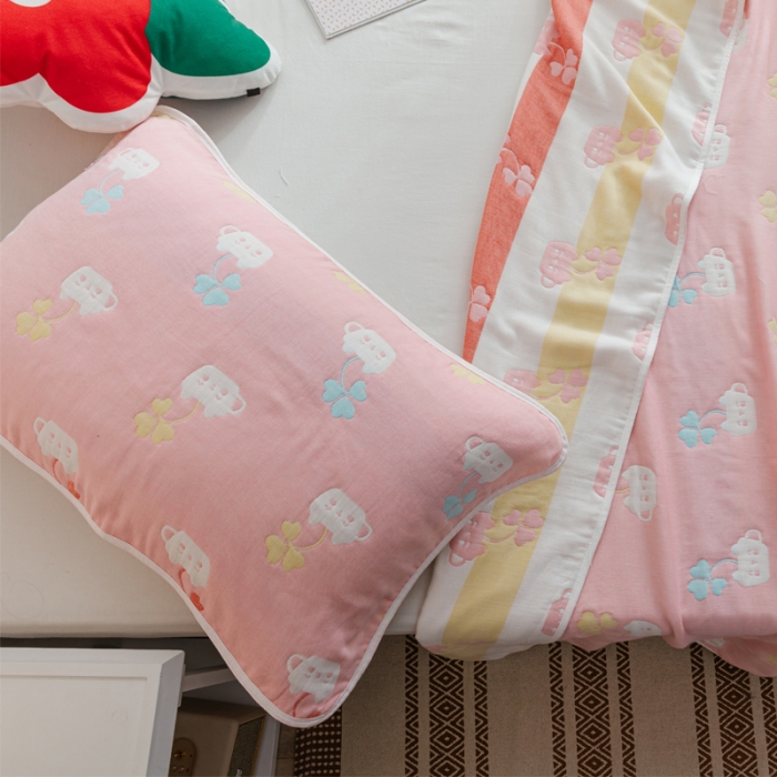 91家纺网 家纺一手货源 找家纺 朴尔家纺 2021新款六层全棉纱布毛巾被 杯中叶语-粉