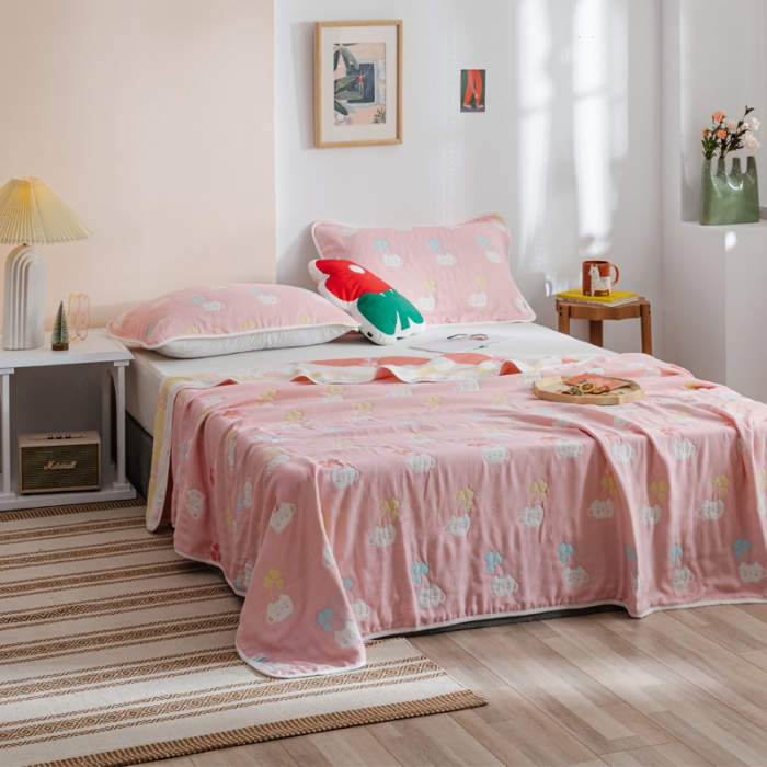 91家纺网 家纺一手货源 找家纺 朴尔家纺 2021新款六层全棉纱布毛巾被 杯中叶语-粉